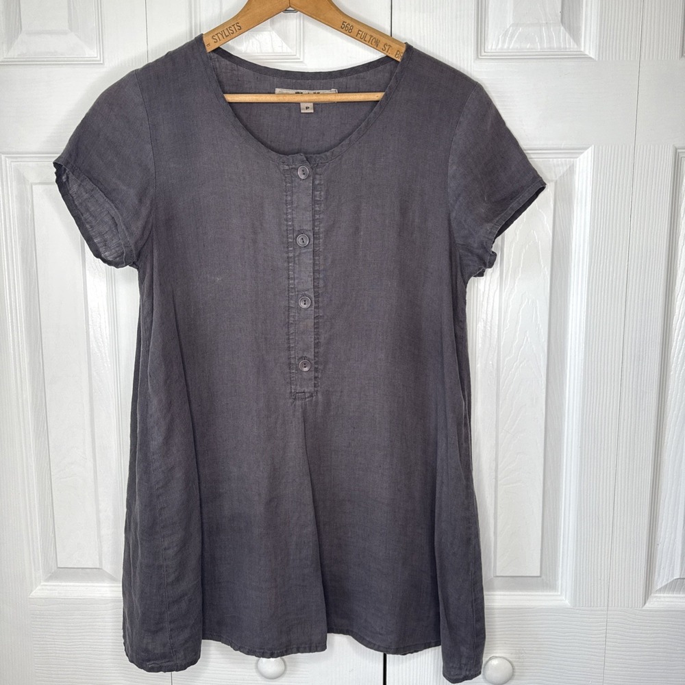 Flax Top Women's‎ Sz P 1/4 Button Grey 100% Linen Lagenlook Boxy Casual Relaxed